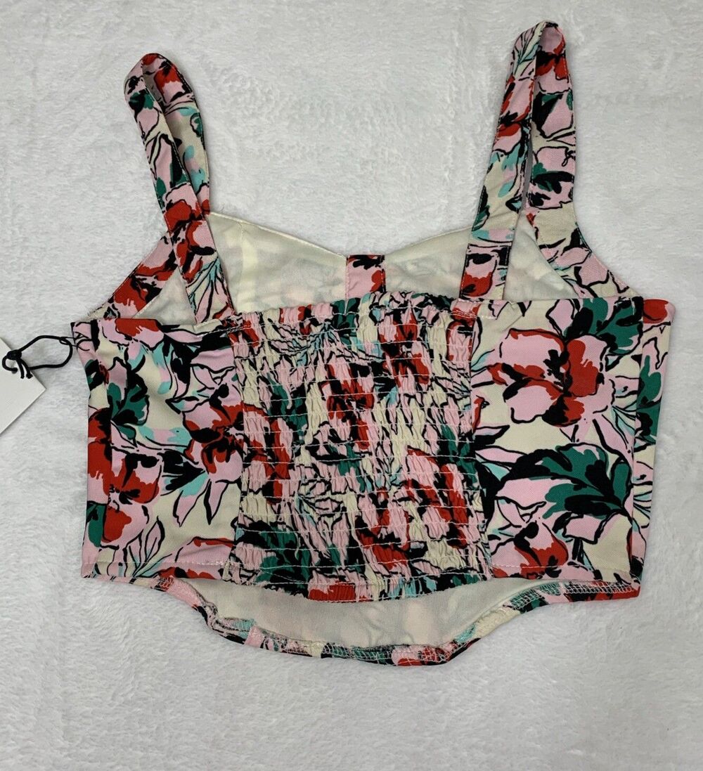 Japna Crop Top Women's XS Pink Floral Smocked Boned Corset Style Pull Over NWT - Picture 3 of 7